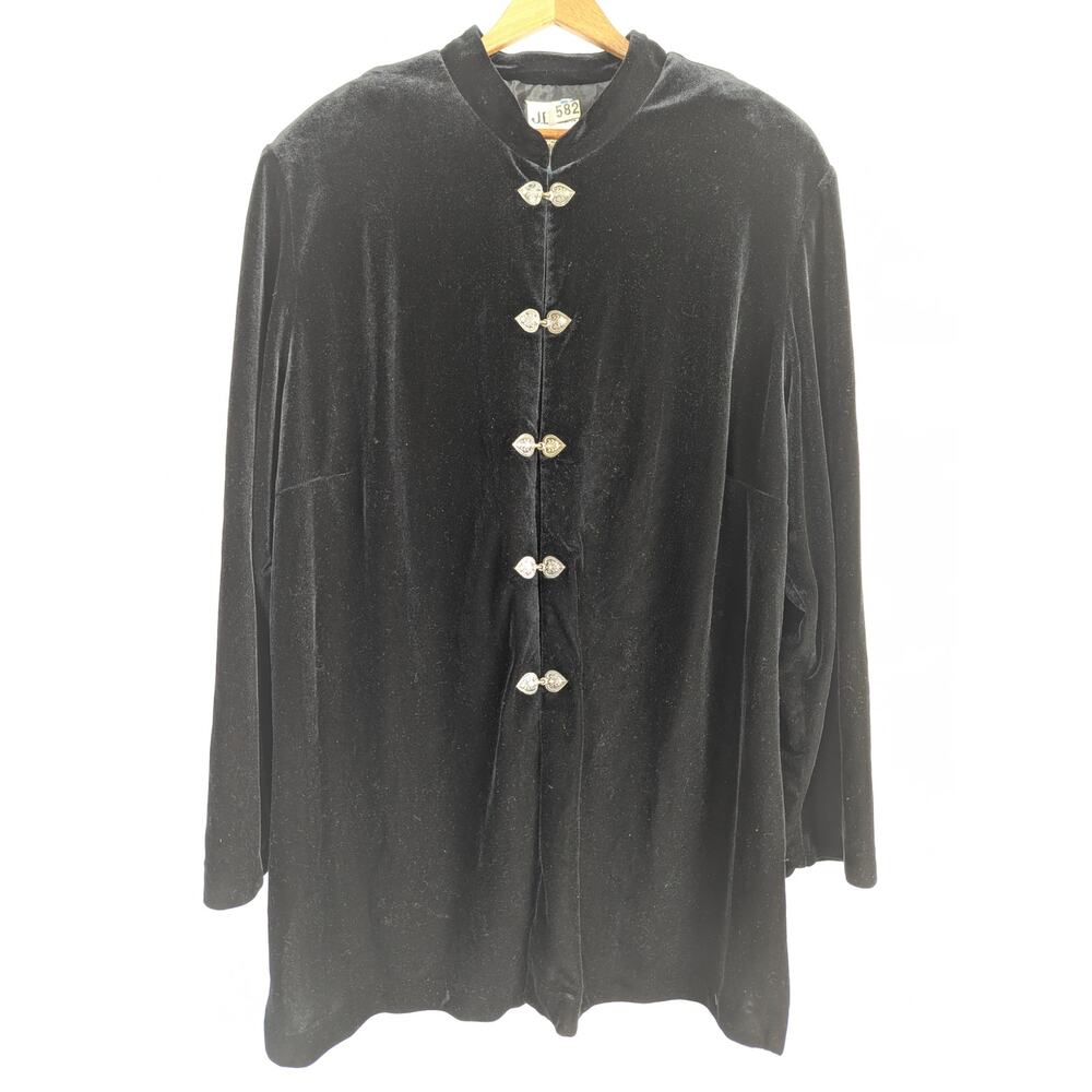 Vtg Black Velvet Jacket Duster Metal Clasps Oriental Inspired Lagenlook 4X